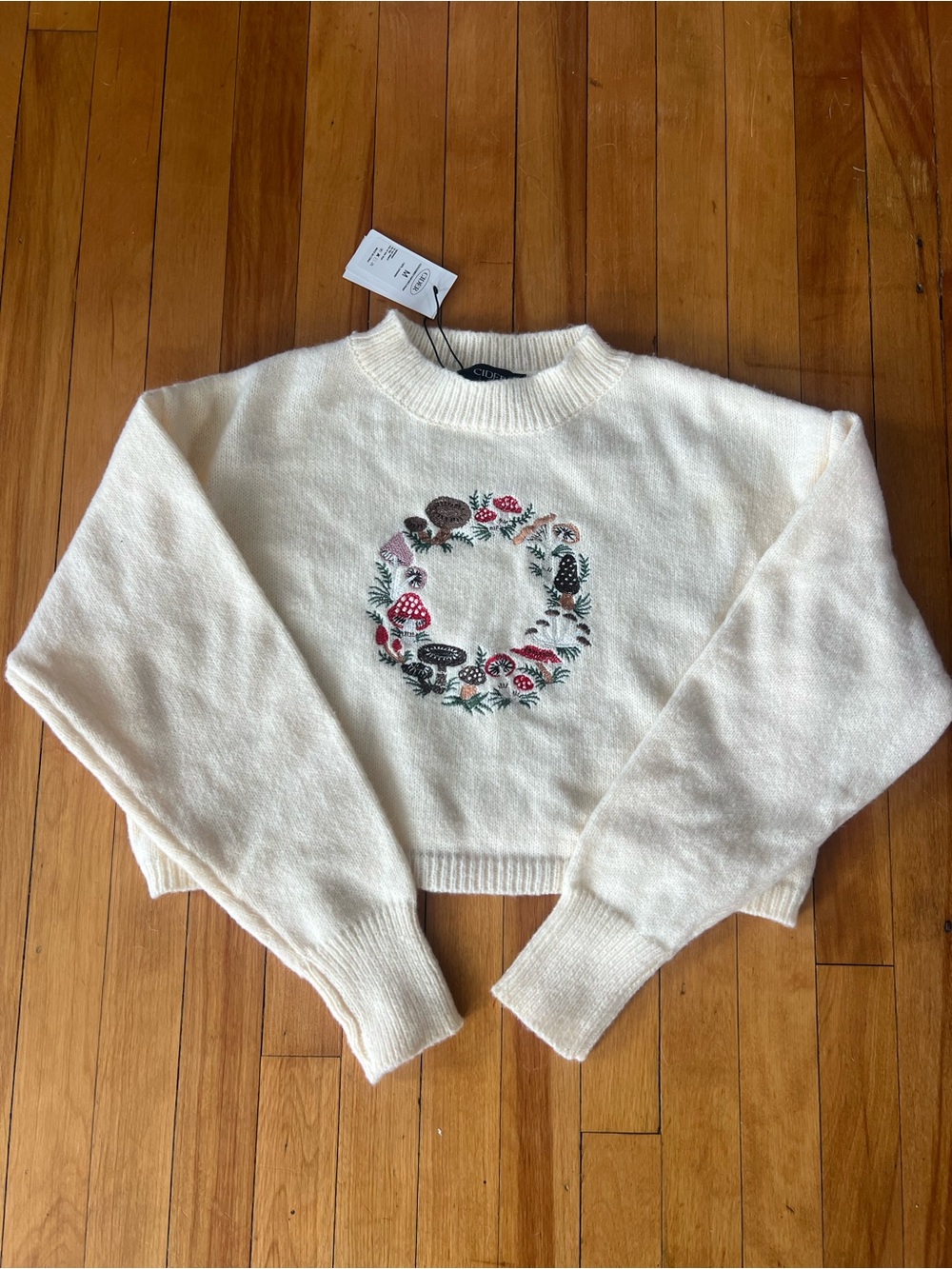 Cream Embroidered Mushroom Wreath Cropped Sweater
